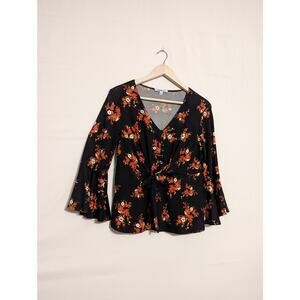 Uncommon Job black and red floral bell sleeve flowy blouse womens medium